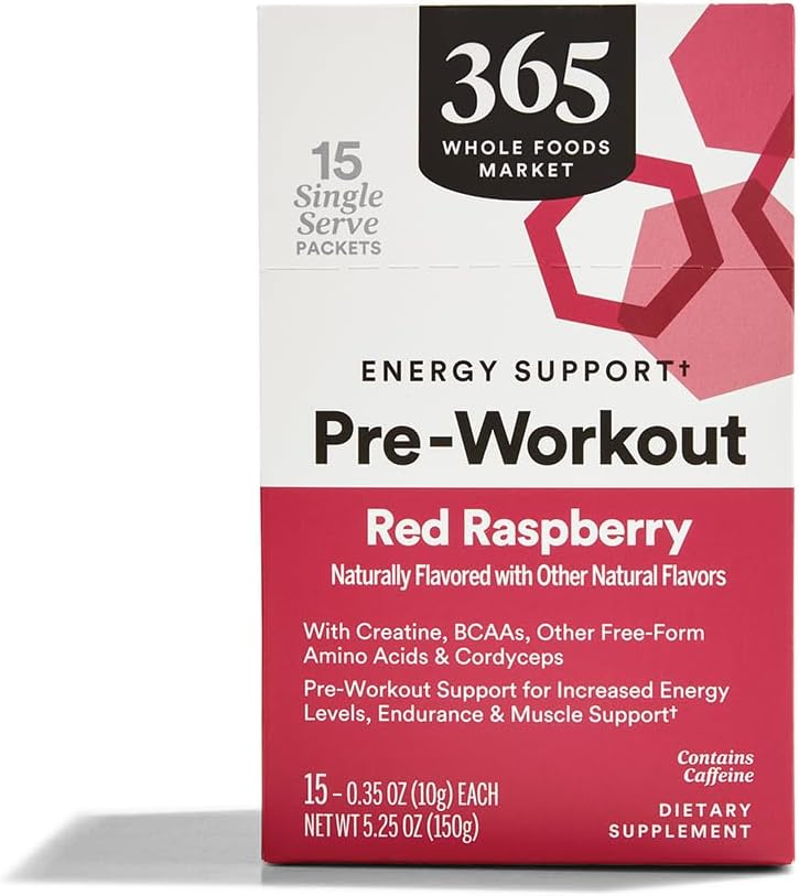 365 von Whole Foods Market, Pre-Workout Energy Support mit Koffein, Einzel-Serve-Packets, Red Raspberry, 15 Count