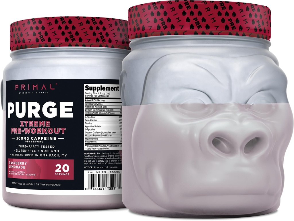 Primal Purge Xtreme Pré-entraînement (arôme de citronade de framboise) (20 portions) - Sans gluten + non-OGM