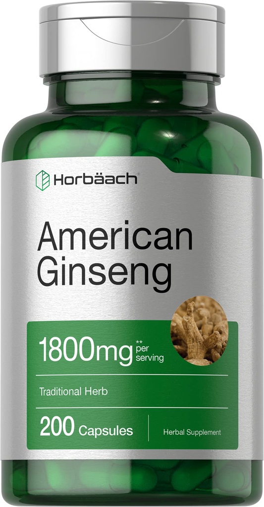 Horbäach American Ginseng Kapseln | 1800 mg | 200 Count | Non-GMO, Glutenfreie Ergänzung | Ginseng Root Extract Complex