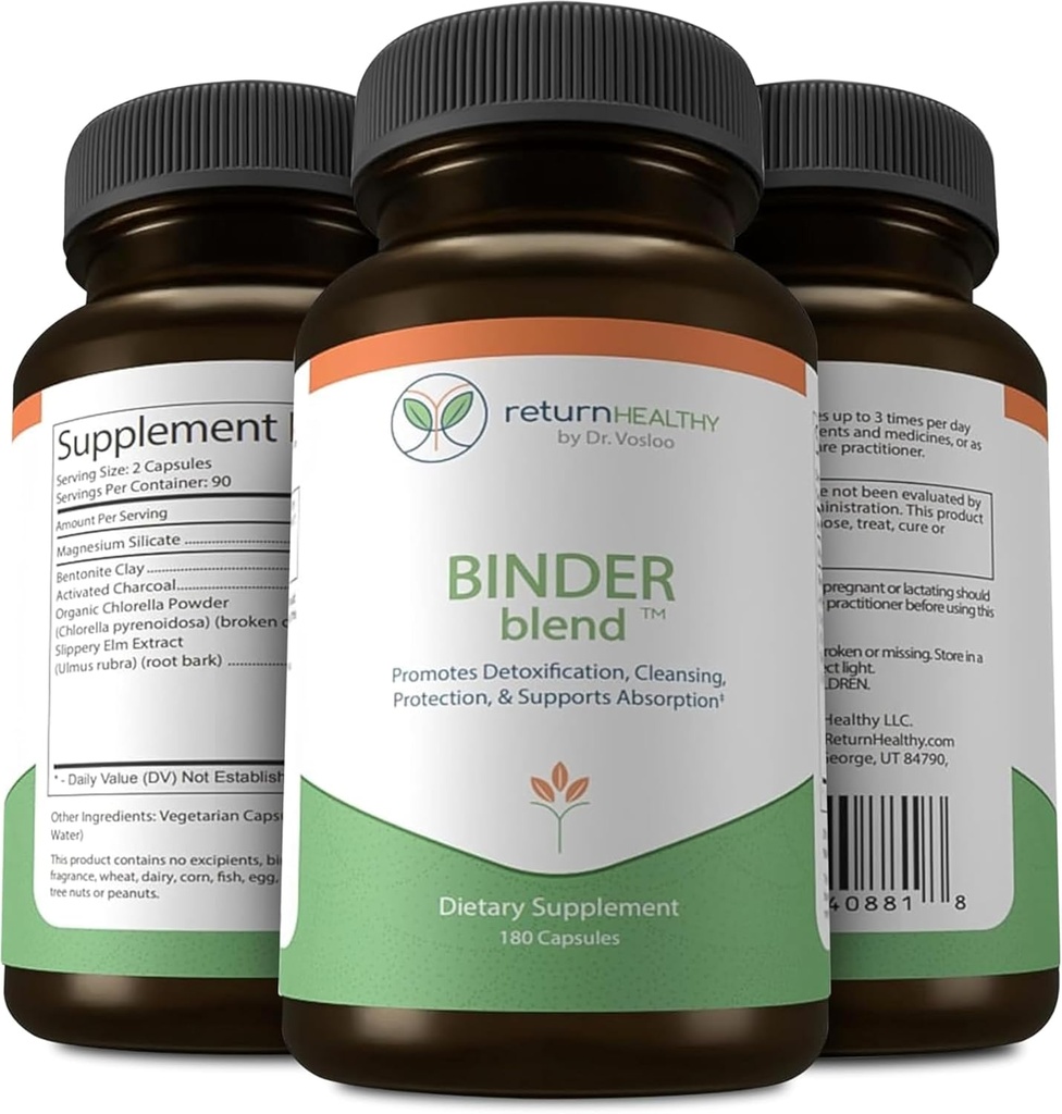Binder Blend - Toxin Binder Supplement, Detox Kapseln für einen gesunden Gut - 180 Kapseln - 90 Portionen - 960mg Aktivkohle & 480mg Organische Chlorella - Bloating Relief - Bentonite Clay, 3 Packung