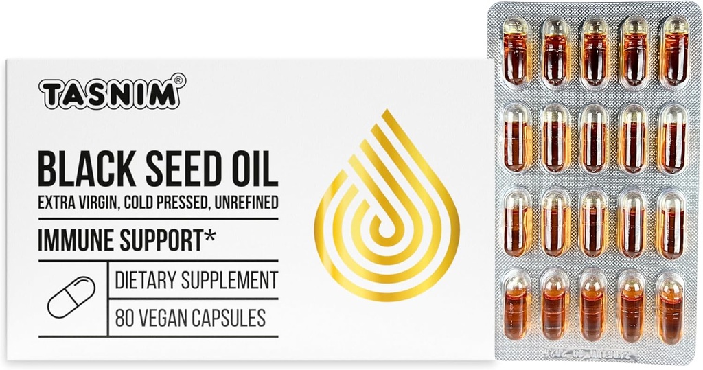 Tasnim Black Seed Oil Organic Cold Pressed Capsules 100% Pure Cold-Pressed Black Cumin Seed Oil Nigella Sativa für Immununterstützung, Joint Comfort und Vitality