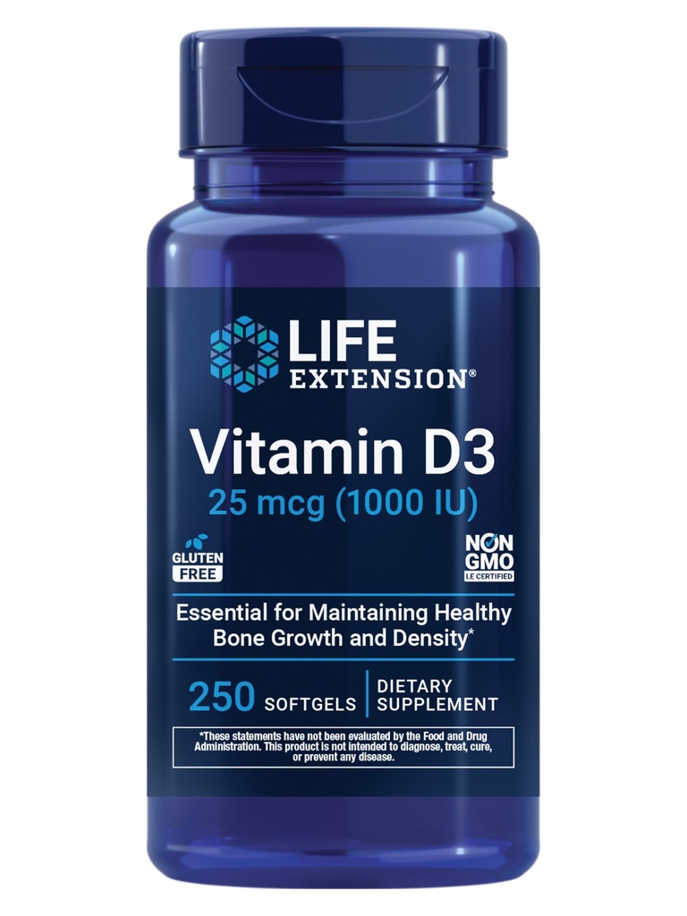 Lebensverlängerung Vitamin D3 25 mcg (1000 IU), Immunsystemunterstützung, Knochengesundheit, Ganzkörpergesundheit, Wertgröße, Glutenfrei, Nicht-GMO, 250 Softgele
