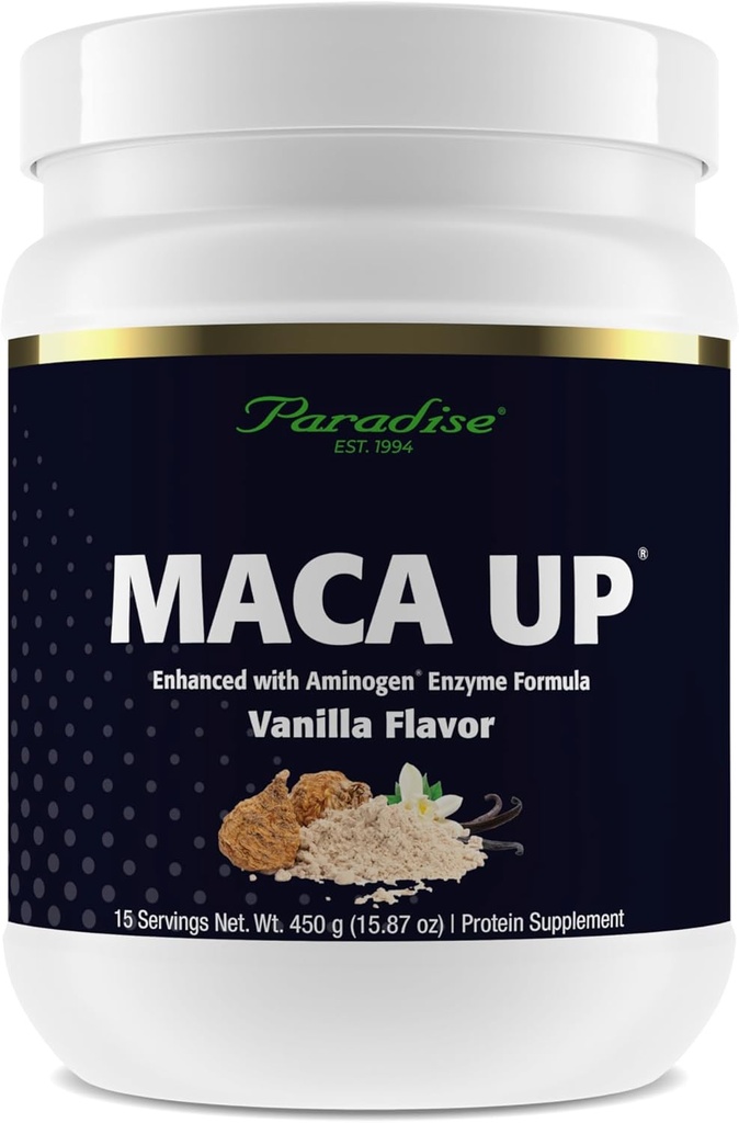 Paradise Herbes Maca Up Vanilla Poudre de protéines végétaliennes, pois organiques et riz brun, racine de maca, mélange d'enzymes digestives aminogènes, fibre d'avoine nutritive Bran, 15 portions, 450 g