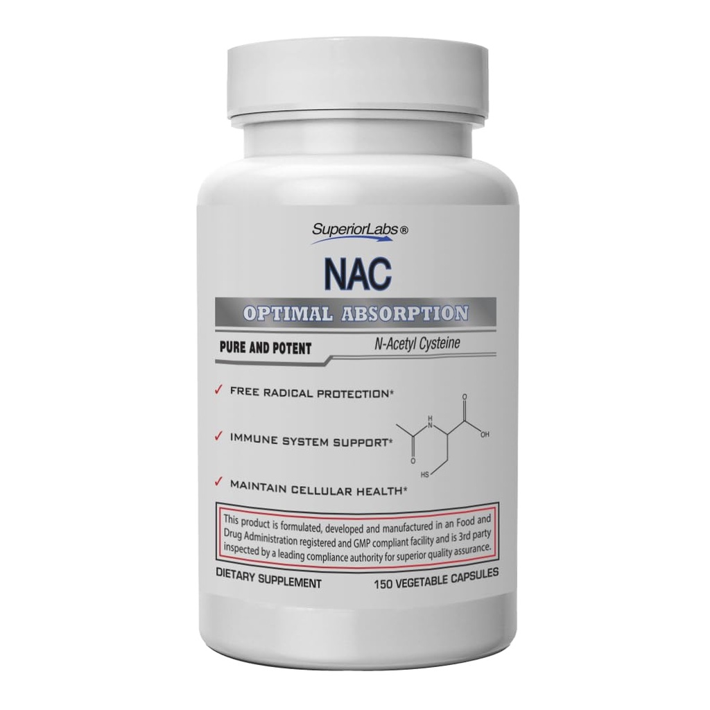 Superior Labs NAC (N-Acetyl Cystein) 1.200mg, 150 Pflanzliche Kapseln, Nahrungsergänzung mit Selen, Freier Strahlenschutz, Normale Immunsystemfunktion, hält Zelluläre Gesundheit