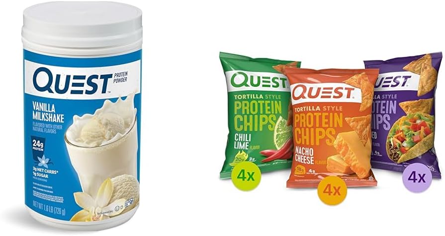 Poudre de protéines Quest et chips - Poudre de lait de vanille (24g de protéines, 1,6lb) + Boîte de variétés de croustilles de tortilla (12ct)