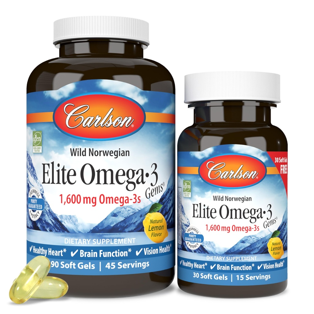 Carlson - Elite Omega-3 Gems,1600 mg Omega-3 Fettsäuren einschließlich EPA und DHA,Norwegian, Wild-Caught Fischöl Supplement,Sustainable Sourced Capsules, Lemon, 90+30 Softgels
