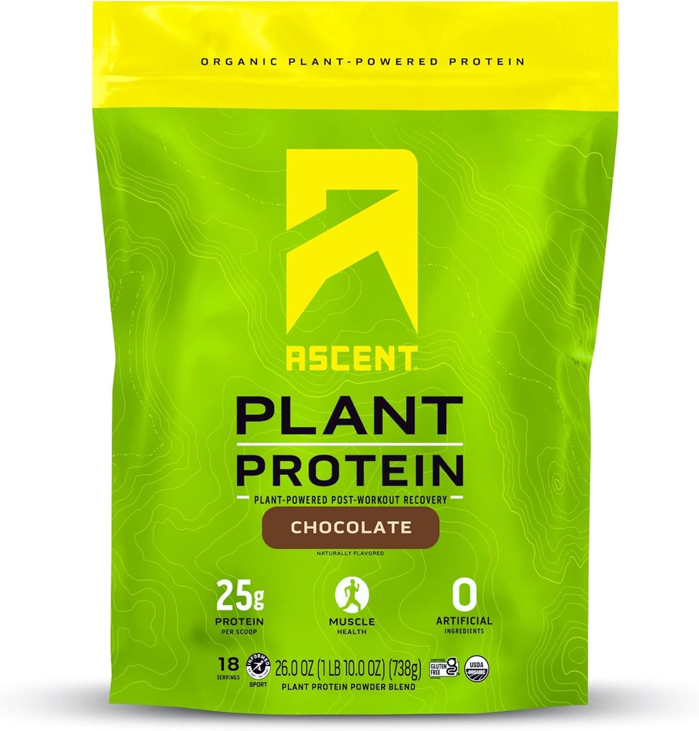 Ascent Plant Based Protein Powder - Non Dairy Vegan Protein, Zero Artificial Ingredients, Soy & Gluten Free, No Added Sugar, 4g BCAA, 2g Leucine - Schokolade, 18 Portionen