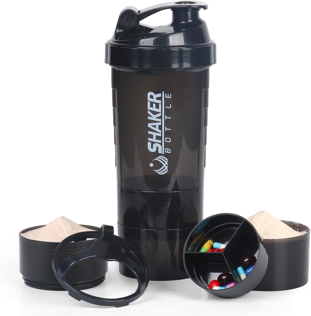 VECH Shaker Bottles für Protein Mixes Workout Shaker Leak Proof Water Bottle Non Slip 3 Layer Twist Off 3 OZ mit Pill Tray für Storage Protein Powder Shake Bottle 16 OZ Shake Cup (Schwarz)