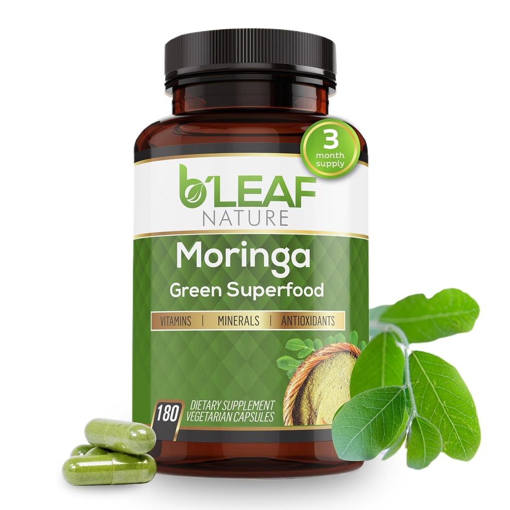 B'LEAF NATURE Bio Moringa Kapseln 1000mg, 180 Count – Moringa Kapseln mit Bio Olefeira Pulver für Immununterstützung, Energie & Balance – Vegan, Non-GMO Ergänzungen für tägliche Wellness