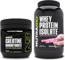 NutraBio Creatine Monohydrate, Unflavored, 150g und Whey Protein Isolate, Erdbeere Ice Cream, Supplement Bundle - Muskelenergie, Lean Muskelwachstum, Erholung und Stärke