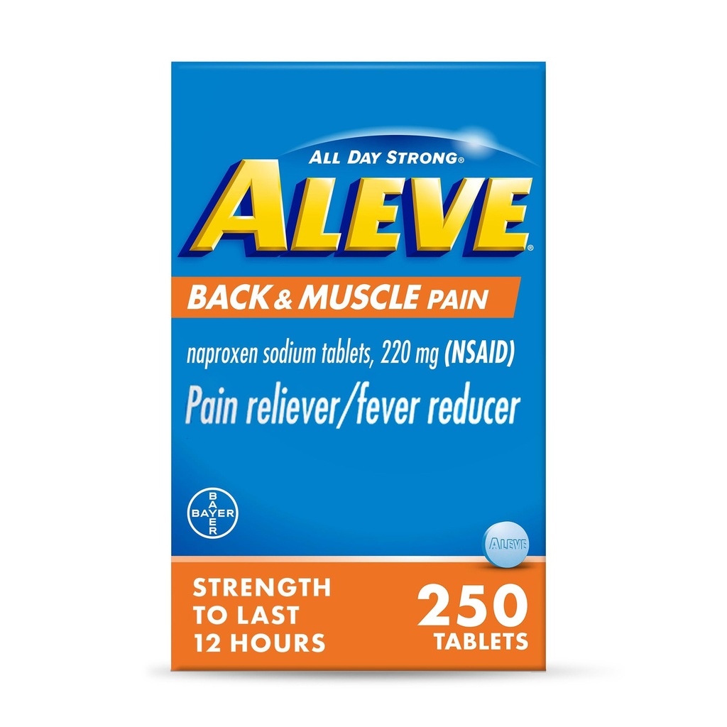 Aleve Rücken- und Muskelschmerzen Relief Naproxen Natriumtabletten, Schmerzlinderung & Fever Reducer, Medizin für Körper, 250 Zähler