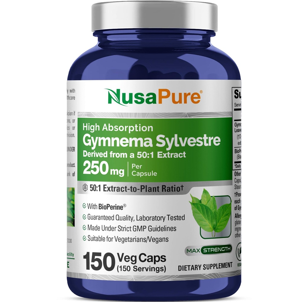 NusaPure Gymnema Sylvestre 50:1 Extrakt, 250 mg Equivalent zu 12.500mg Pro Vegan Caps - 150 Count (Non-GMO, Vegan, Bioperine)