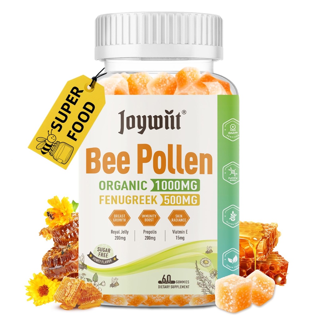 Bienen Pollen 1000mg Zucker freie Gummie, w/Fenugreek, Royal Jelly, Propolis, Organic Bee Pollen Chewable Supplement für Frauen, reich an Vitamin E, Immunität & Hautpflege, 60 Zähler