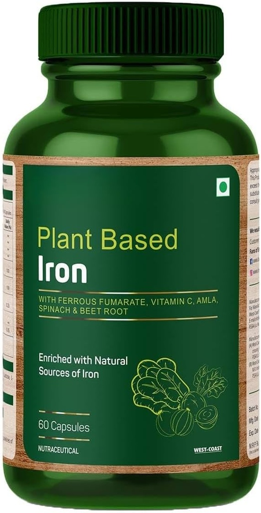 Pflanzenbasiertes Eisen mit Eisen Fumarat, Vitamin C, Spinat & Beet Root angereichert mit natürlichen Quellen von Eisen – 60 Kapseln