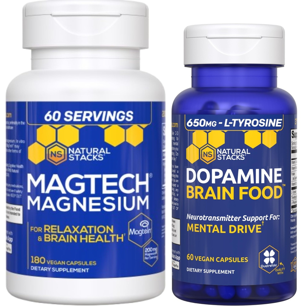 STACKS NATURELS Dopamine Cerveau Food + Magtech Supplément Magnésium Bundle - Supports Focus, Relaxation & Mémoire* - 240 Capsules Total