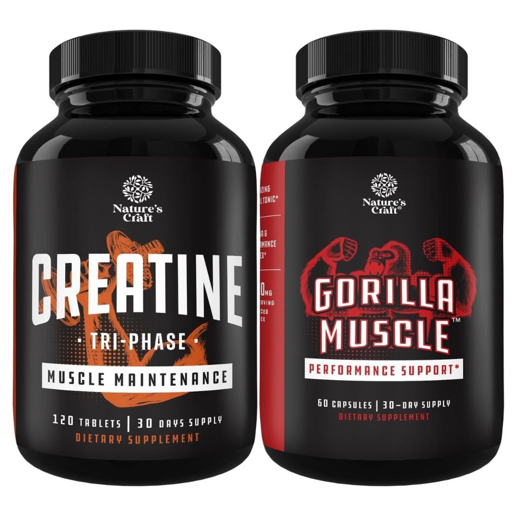 Ensemble de pilules créatine triphasées 5g et d'un booster d'essai de force supplémentaire pour les hommes - Gaineur de masse musculaire et rétablissement musculaire Pyruvate de créatine HCL - supplément d'énergie naturelle avec herbe de chèvre en chaleur