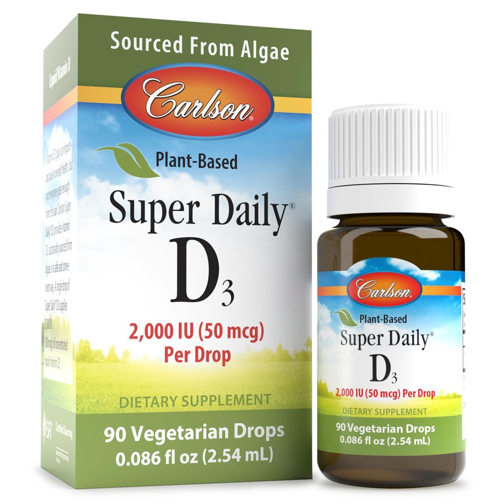 Carlson - Plant-Based Super Daily D3 2000 IU (50 mcg) pro Tropfen, Vegetarisches Vitamin D Tropfen, Flüssiges Vitamin D3, von Algae, Unflavored, 90 Tropfen (2.54 mL)