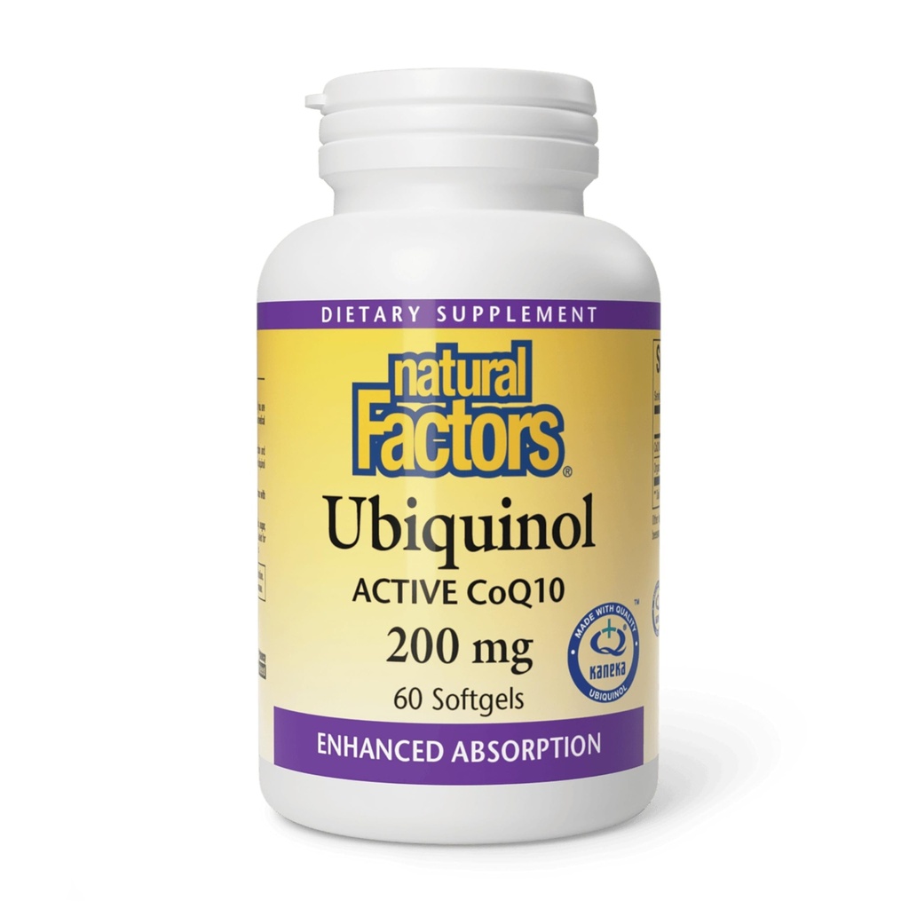Facteurs naturels Ubiquinol 200 mg - soutient la santé cardiaque et la vitalité naturelle - Supplément de soutien antioxydant avec absorption supérieure - Soutien énergétique avec huile de lin - 60 Softgels (60 portions)