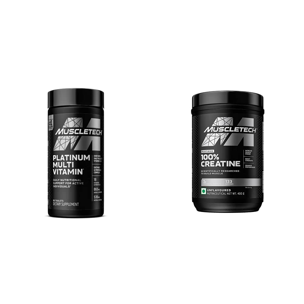 MuscleTech Creatin Monohydrat Pulver Platinum Pure Micronized Muskel Erholung + Builder & Platin Multivitamin für Immununterstützung 18 Vitamine & Minerale