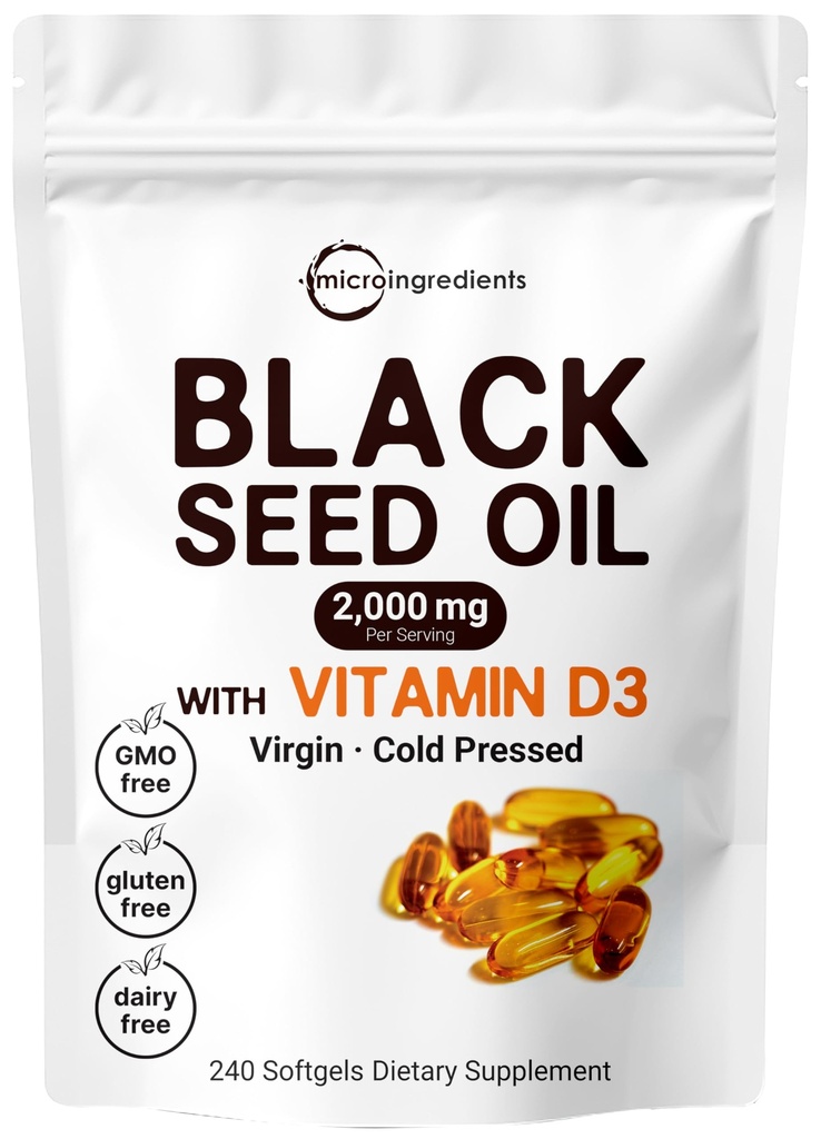 Micro-ingrédients Huile de graines noires 2000 mg avec vitamine D3 1000 UI, 240 softgels - Nigella Sativa Pills d'Egypte, huile vierge, sans odeur, non-OGM et sans gluten