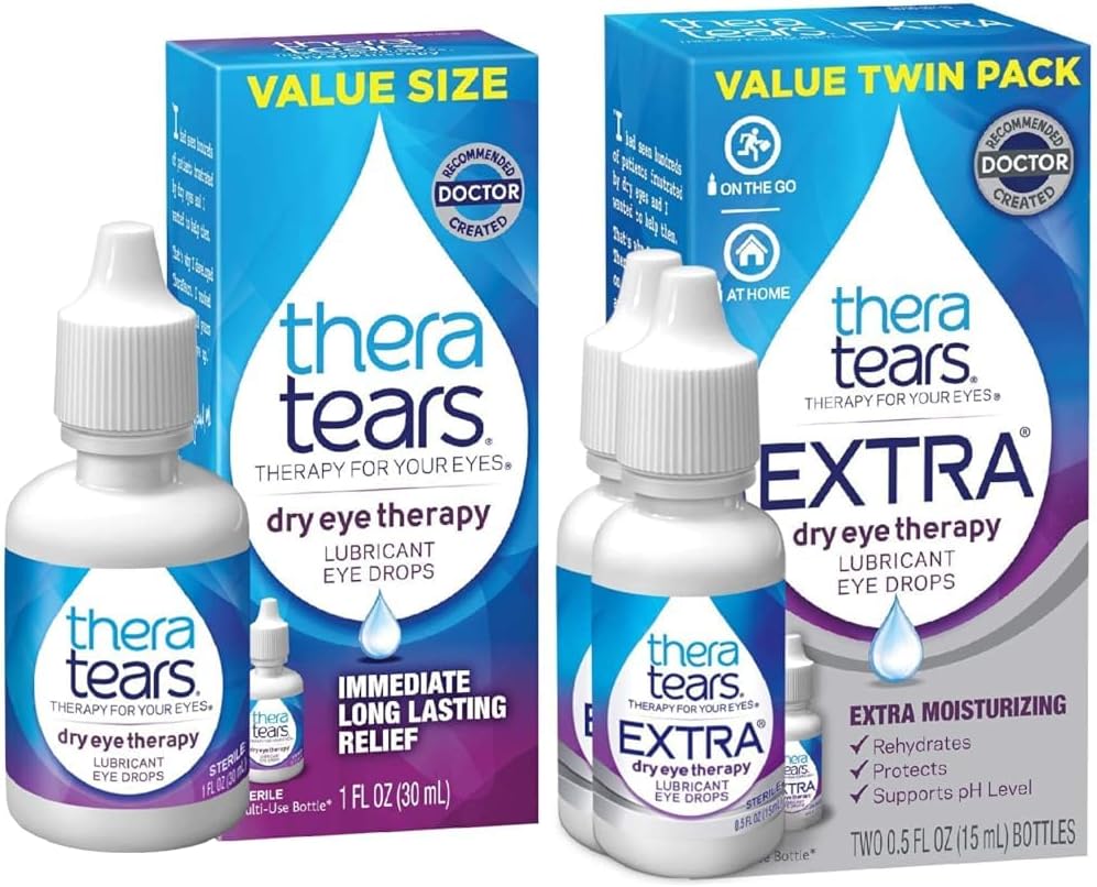 TheraTears Dry Eye Therapy Augentropfen für trockene Augen, 1.0 Fl Oz & Extra Dry Eye Therapy Schmieren Augentropfen für trockene Augen, 0.5 fl oz Bottle, 2 Count(Pack von 1)
