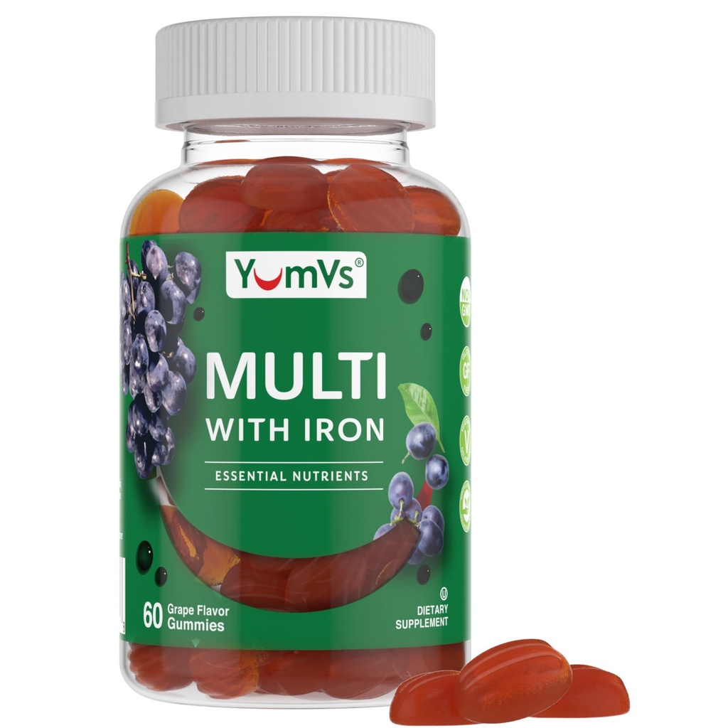 YUM-V'S Eisengummis - Multivitamin Eisen Ergänzung mit Vitamin C, A, B & Zink, unterstützt Blutsauerstoff, Vegan Ergänzungen für Frauen, Männer & Kinder für Wachstum und Entwicklung - Trauben Geschmack | 60 Graf