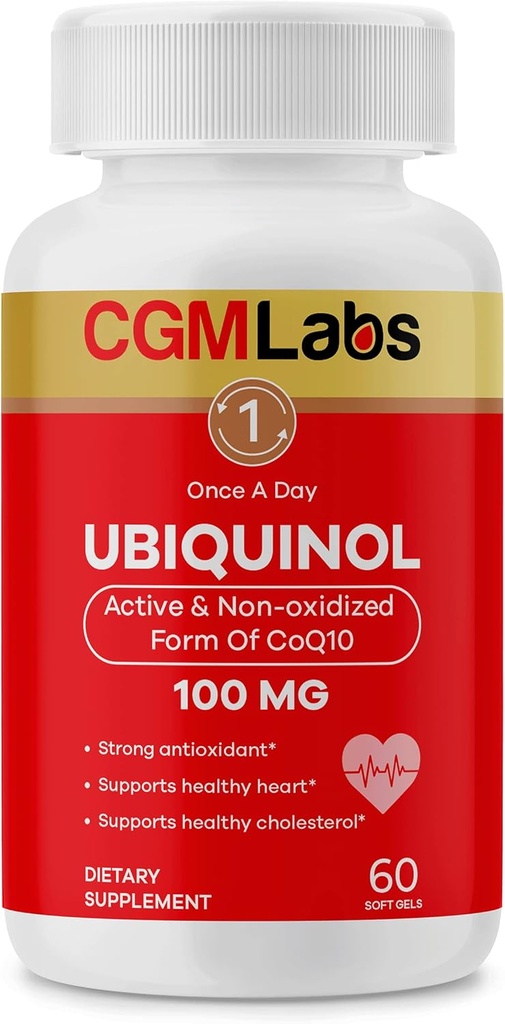 Ubiquinol 100MG Active & Non-Oxidized (reduziert) Form von CoQ10 - Starke antioxidative Nahrungsergänzung, unterstützt Gesundheit, Gesunde Cholesterin - 60 Softgels von CGM Labs