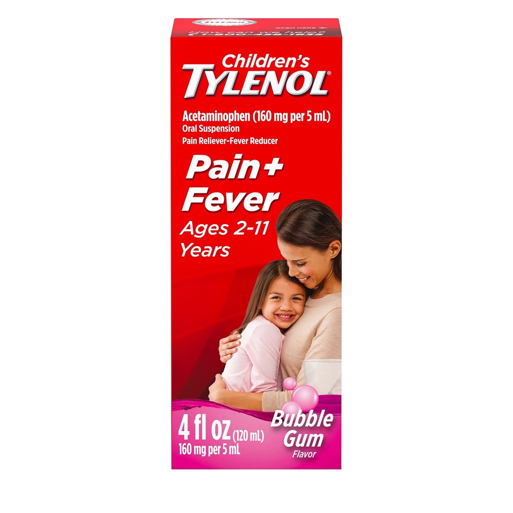 Kinder Tylenol Oral Suspension Medizin, Kinder flüssige Medizin Schmerzmittel & Fever Reducer für kalt + Flu Symptome, Aspirin-, Ibuprofen- & Alkohol-frei, Bubble Gum, 4 fl. oz