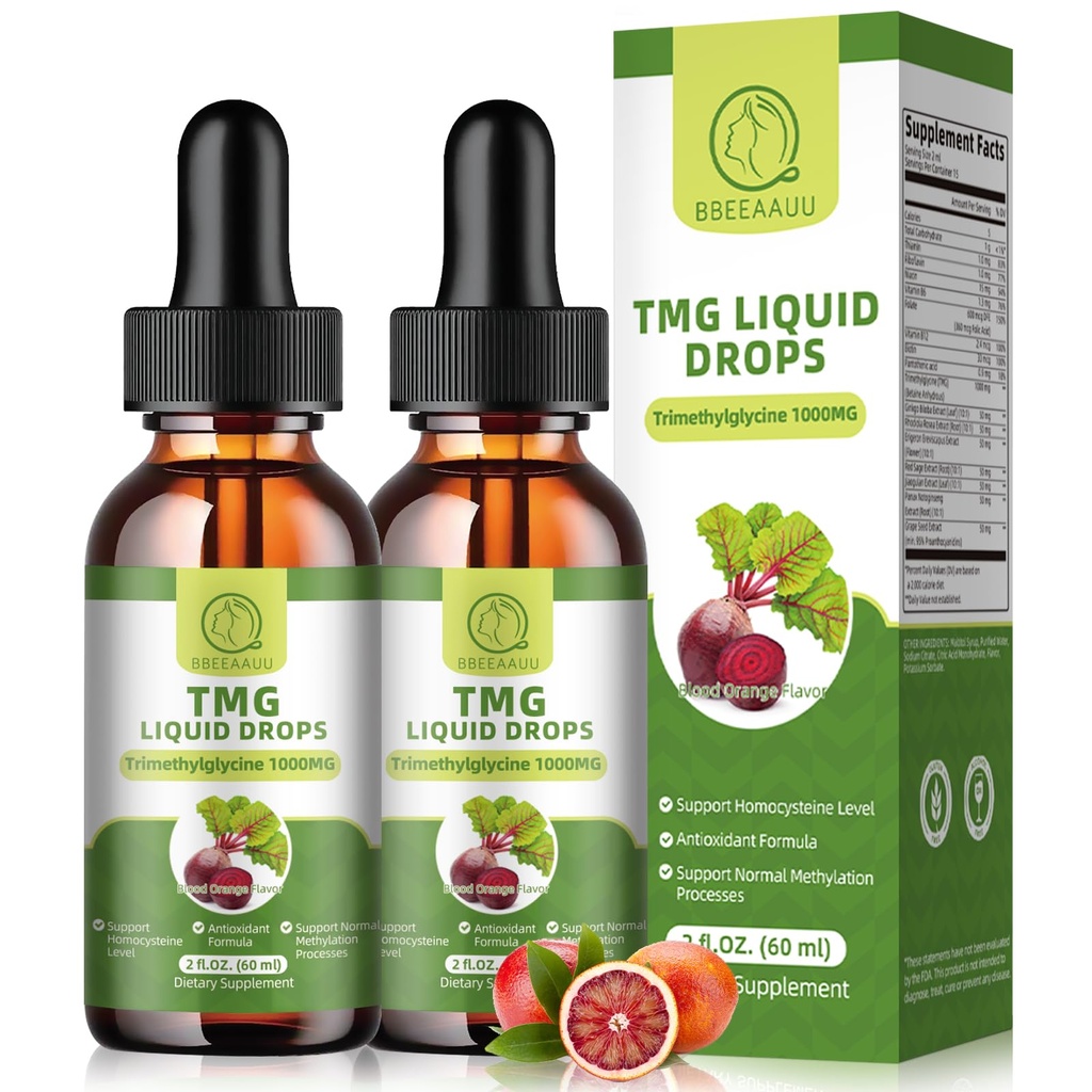 TMG ergänzt 1000MG - Trimethylglycin Flüssigkeitstropfen, Betaine hohe Absorption, unterstützt Methylierung, Leber Wellness & Kognitiv, Non-GMO, Vegan, Blut Orange Flavor, 2 Fl.Oz (2 Packung)