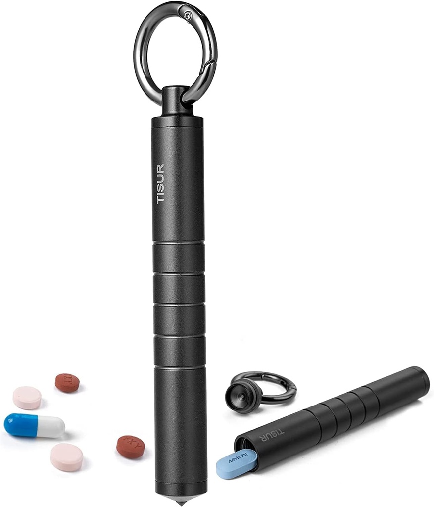 TISUR Small Metal Pill Organizer, Titan Schlüsselanhänger Pillenhalter Travel Pill Box Case Multitool EDC Jeden Tag Carry für Männer (Schwarz Titanium)