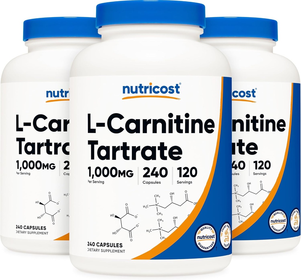 Nutricost L-Carnitin Tartrat 500mg, 240 Kapseln - 1000mg pro Servierung (3 Flaschen)