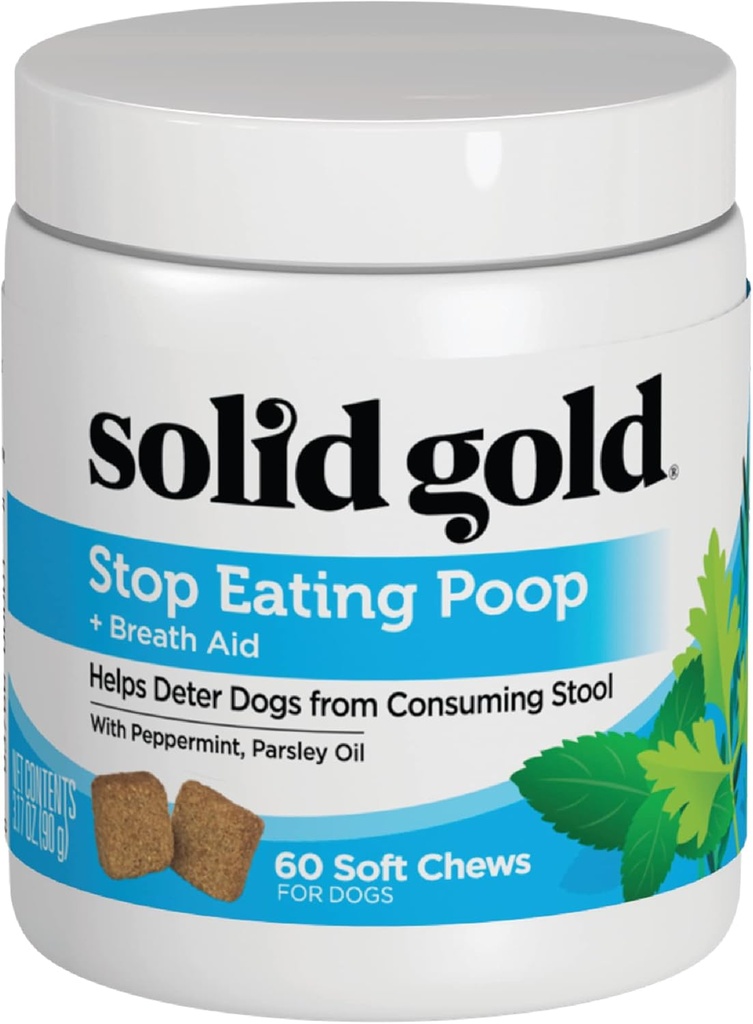 Solid Gold No Poo Chews for Dogs - Coprophagia Deterrent &amp; Hocker Eating Deterrent für Hunde, die Hund Poop essen - Stop Eating Poop Chews mit Peppermint & Probiotics for Gut & Breath Aid Support - 60ct