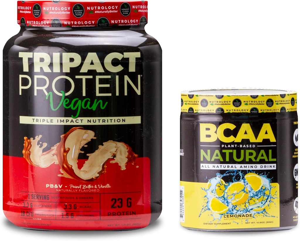 Nutrologie TRIPACT Vegan Protein Pulver, für Vegan Protein Shakes, Peanut Butter Vanille (20 Servierungen) BCAA Natural, Pflanzenbasierende BCAA Pulver, Lemonade Flavor (30 Servierungen)