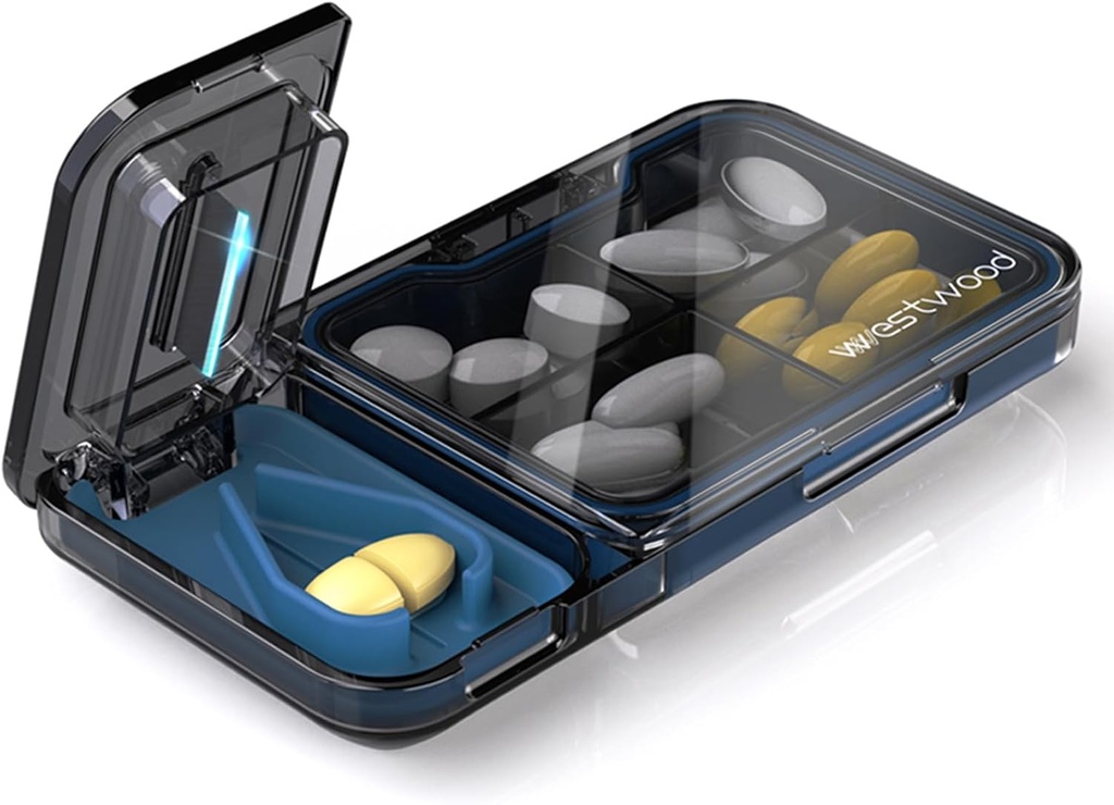Organisateur de pilules de voyage avec Splitter Pill, 4 compartiments Cas de pilule, petite boîte à pilules pour la purée de poche, contenant quotidien de pilules pour tenir les vitamines suppléments d'huile de foie de morue, planificateur de médicaments (noir)