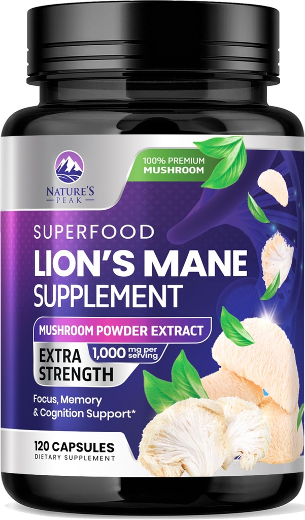 Lions Mane Mushroom Capsules 10 000mg - Lions Mane Supplément Capsules pour le soutien de la mémoire et de la concentration, Cerveau, Immune Health Support, Vegan, mis en bouteille aux États-Unis, Lions Mane Mushroom Powder Extract, 120 Compte