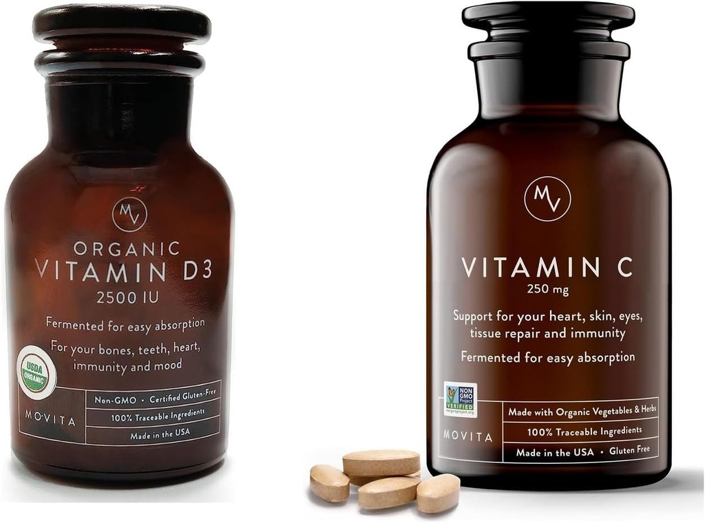 Movita Vitamine biologique D3 2500UI, bouteille de vitamine C fermentée 250mg