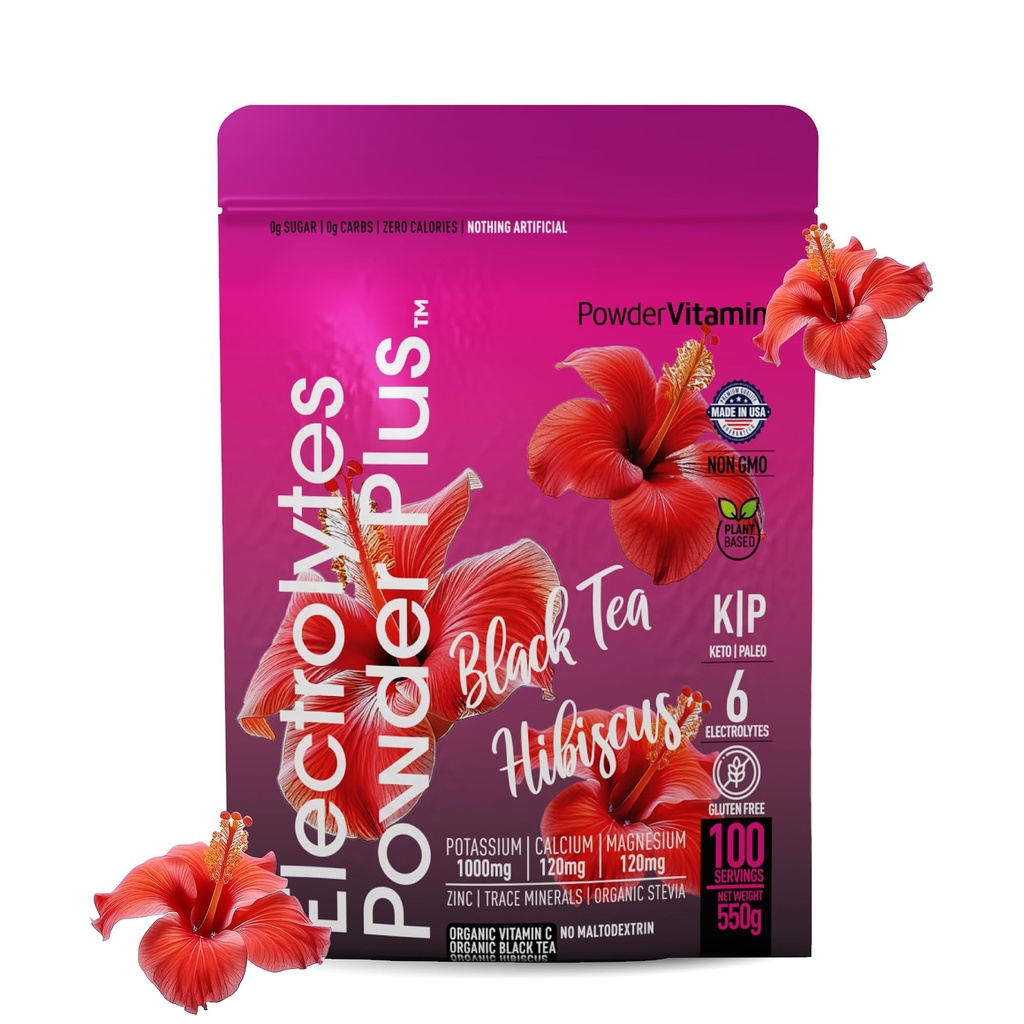 PoudreVitamine Electrolytes Poudre Plus (100 portions) Thé noir Hibiscus Electrolyte Poudre Keto, Sans sucre, Sel rose d'Himalaya,1000mg Potassium,120mg Calcium,120mg Magnésium, Poudre d'hydratation
