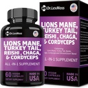 Lions Mane 3000mg, Türkei Tail 3000mg, Reshi 1000mg, Cordycps 10o0mg, Chaga 1000mg, Maitake Meshima Poria Cocos Shiitake Oyster Porcini Enoki mit Mushroom Supplement, 60 Kapseln