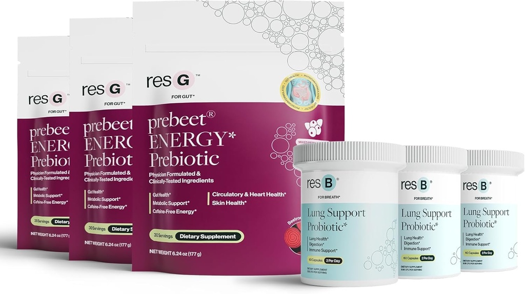 Power Gut Bundle - Lung Probiotic & GLP-1 Prebiotic, Clinically Trialed Respiratory Health Support & Metabolism Boost, Supplement Vitamins - resB (90 Servings) & prebeet (90 Servings)