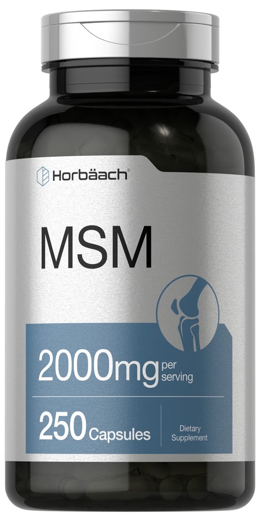 Horbäach MSM Supplement Capsules de 2000mg de 250 Count de la formule sans OGM et sans gluten de méthylsulfonylméthane