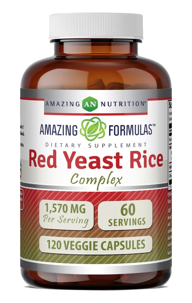Formules étonnantes Complexe de riz de levure rouge de 1570 Mg par portion de 120 capsules de légumes avec acide alpha lipoïque, CoQ10, extrait de chardon de lait