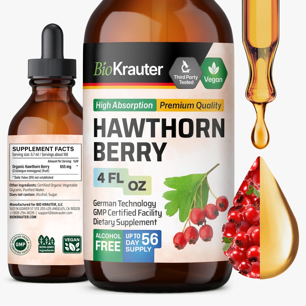 BIO KRAUTER Hawthorn Berry Extract Tinktur - Natürliche Hawthorne Berry Supplement - 100% reine Formel - Vegan Sugar & Alkohol Free - 4 Fl. Oz. - 56 Tage Angebot