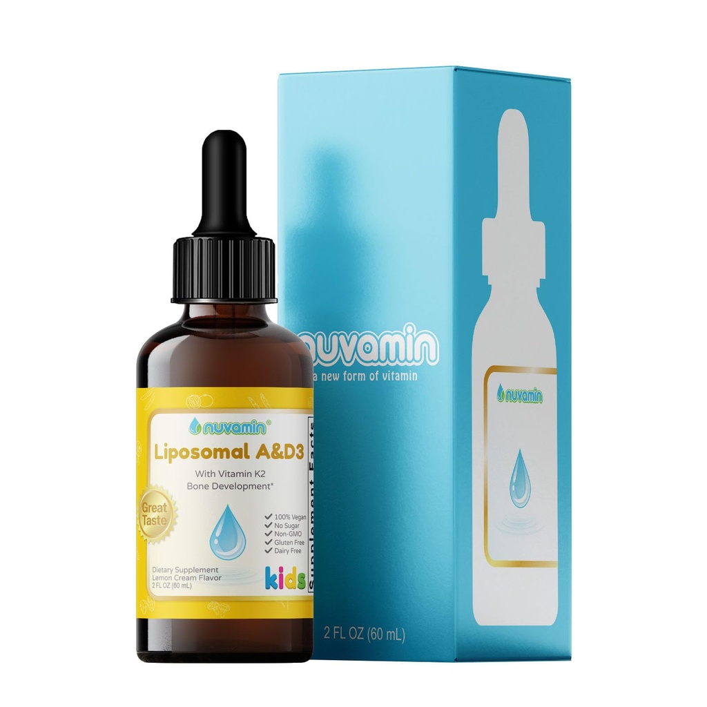 Nuvamine – Vitamine liposomique liquide A & D3 gouttes avec K2 pour les bébés enfants et adultes, 800 UI/mL, 2 Fl.Oz (60ml), 120 portions quotidiennes, grand goût - Tous naturels - Absorption supérieure, parfum citron