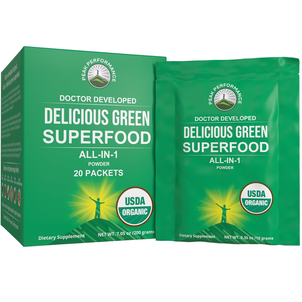 Peak Performance Organic Greens Superfood Pulver Single Serve Travel Packets. Beste Verkostung Bio Green Juice Super Food mit 25+ Alle natürlichen Zutaten für Max Energy. (20 Pack)