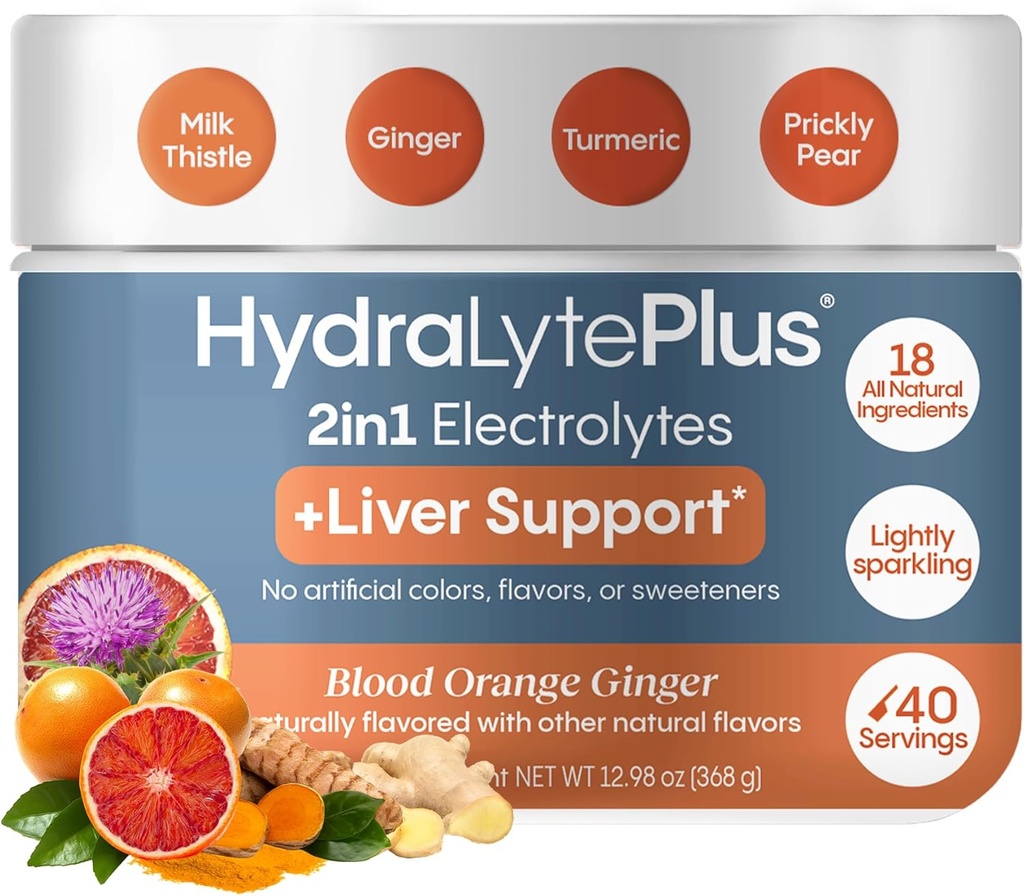 Support du foie Hydralyte + Mélange d'électrolyte avec le chardon de lait, le curcuma, le gingembre, la poire piquante, l'extrait de thé vert préparé pour la réhydratation rapide, (Blood Orange Ginger, 40 Servir Tub)