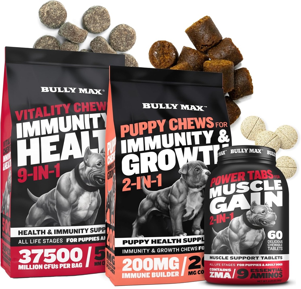 Bully Max Dog Vitality Chews, Muscle Builder Tabs (60 Tabs) & Welpen Chews Bundle – Tägliche Hundeergänzungen für Muskelunterstützung, Immungesundheit und vollständige Ernährung für Welpen, Erwachsene und Senioren