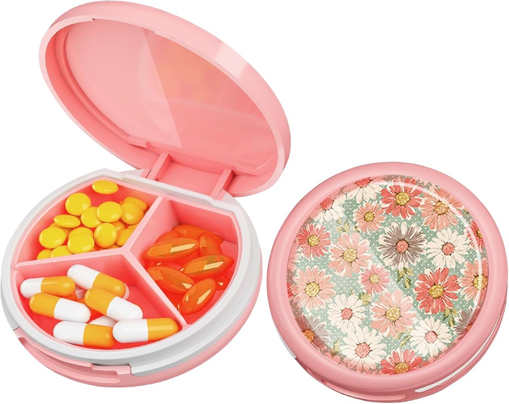 Serfeymi Small Pill Box - 3 Komponenten Tragbare Pille Box für Geldbörse Tasche, Compact Mini Travel Pill Case - Geeignet für Medizin, Vitamin, Fish Oil, Supplements - Pink(Daisy)