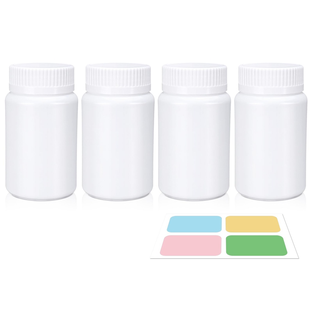 White Pill Bottle, Empty Medicine Bottles with Screw Caps for Pills Capsules Vitamins, Food Grade Plastic Medicine Containers with Labels for Travel (3.4oz/100ml, 4 Pcs)