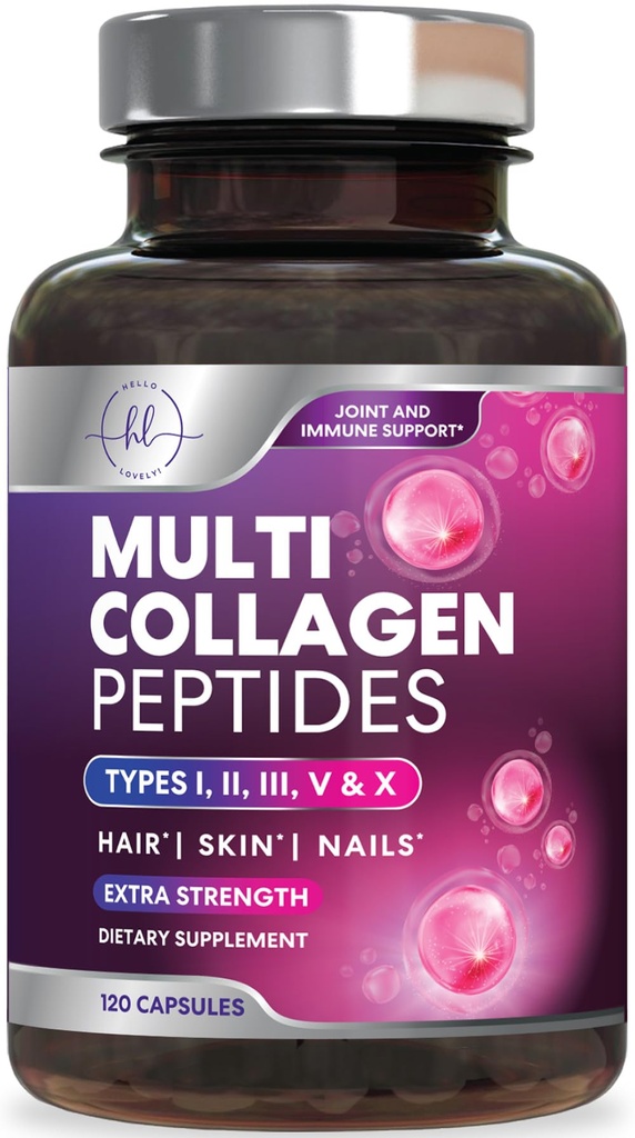 Multi Collagen Supplement 2400 mg - Typen I, II, III, V & X Multi Collagen Peptide Pillen für Frauen & Männer, hydrolysierte Collagen Ergänzungen, Haar, Haut, Nagel, & Joint Support Supplement, 120 Kapseln