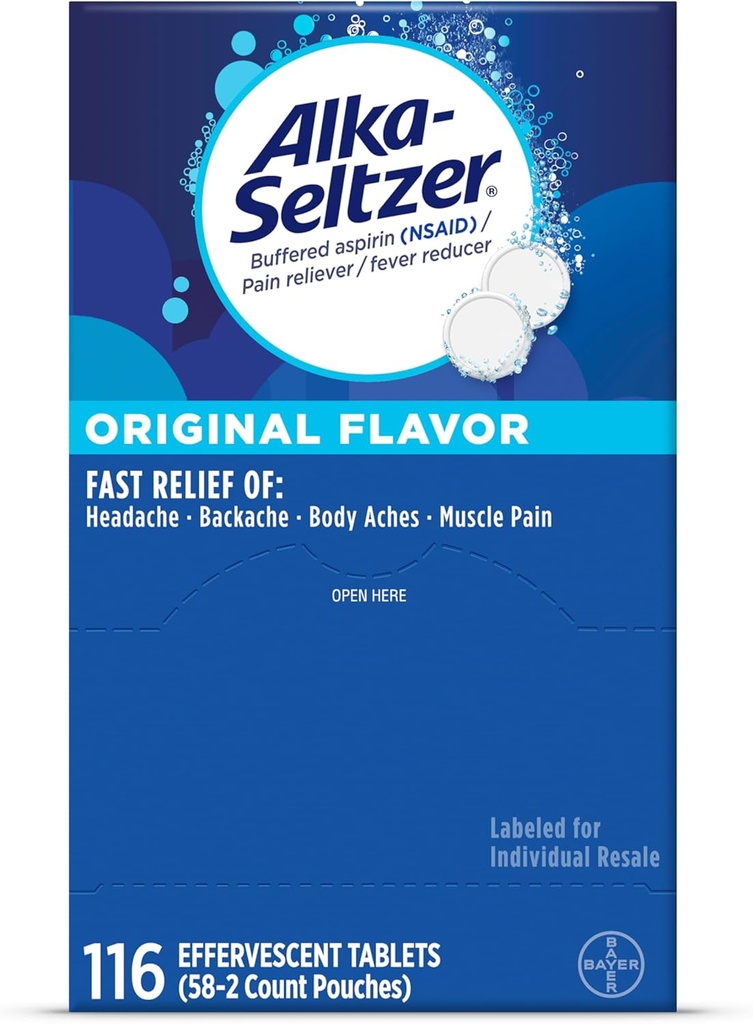 Alka-Seltzer Comprimés effervescents d'origine, Soulagement rapide multisymptômes des maux de tête et de la douleur corporelle, Comprimés effervescents dissolvables, Dispensateur de soulagement de la douleur, 116 Ct